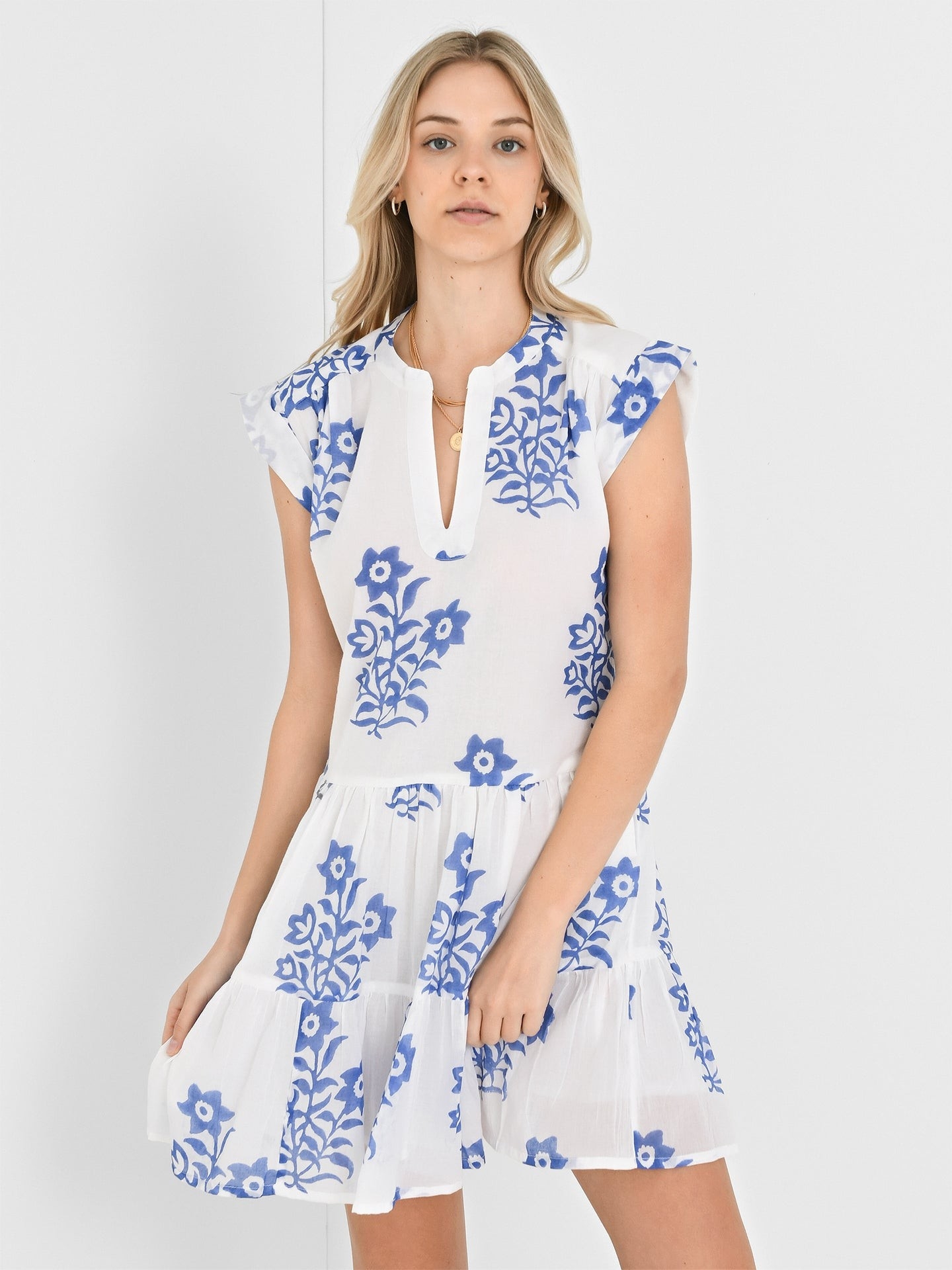 Oliphant White Blue Floral Cotton Tiered Mini Dress Rolled Sleeves S